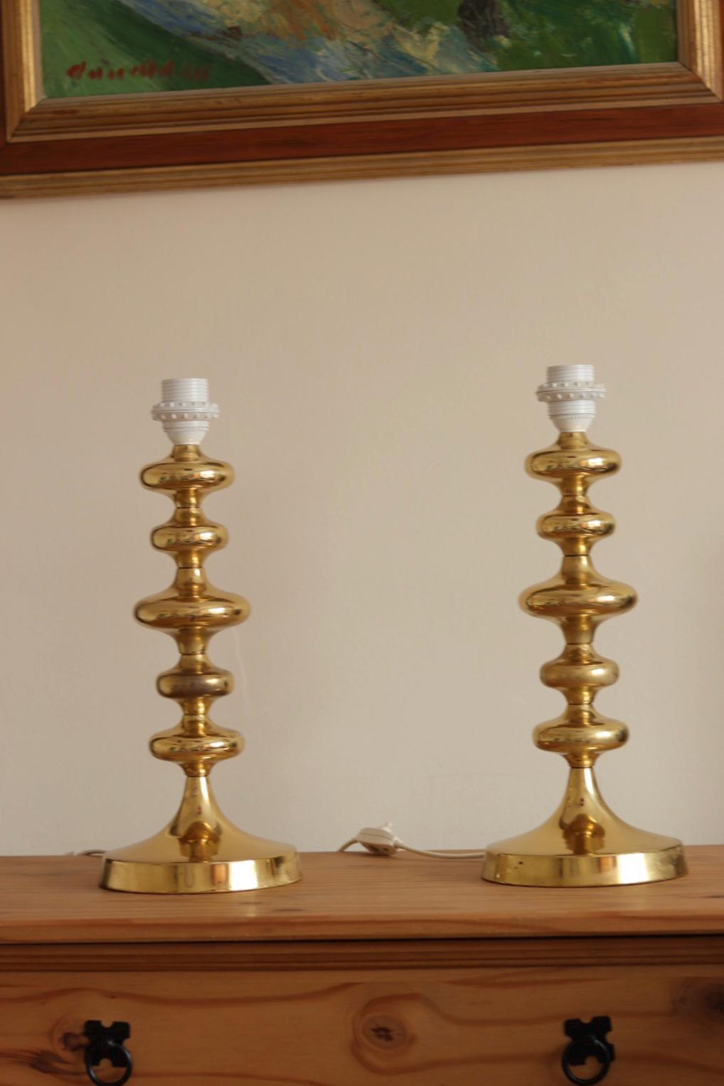 Pair of Swedish Brass Bobbin Table lamp
