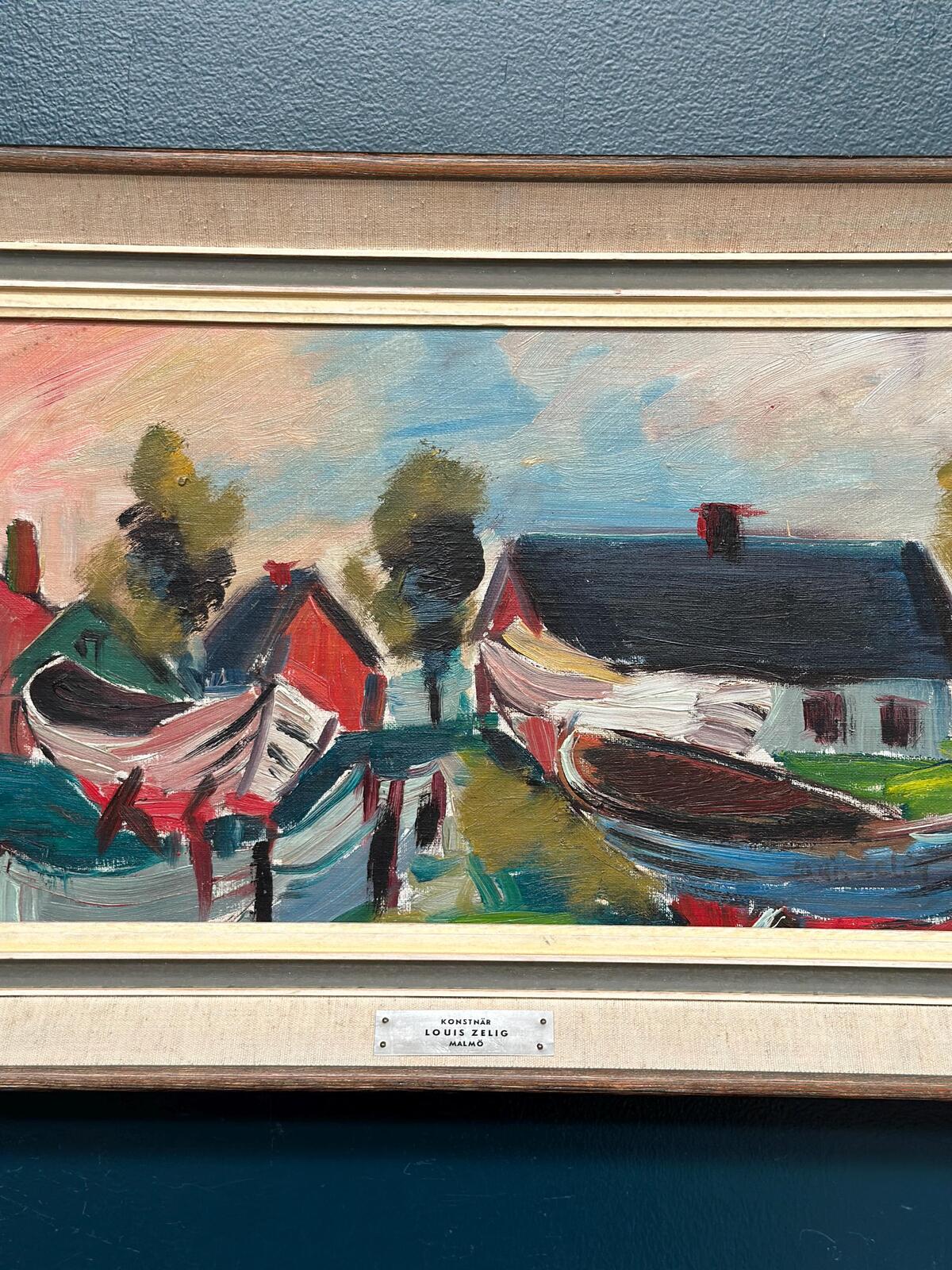“Boats in Fishing Village” by Louis Zelig (1922–1993)