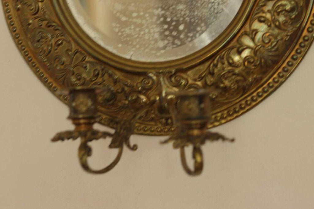 Pair of Swedish Double Arm Mid Century Style Brass Sconces with Mirror