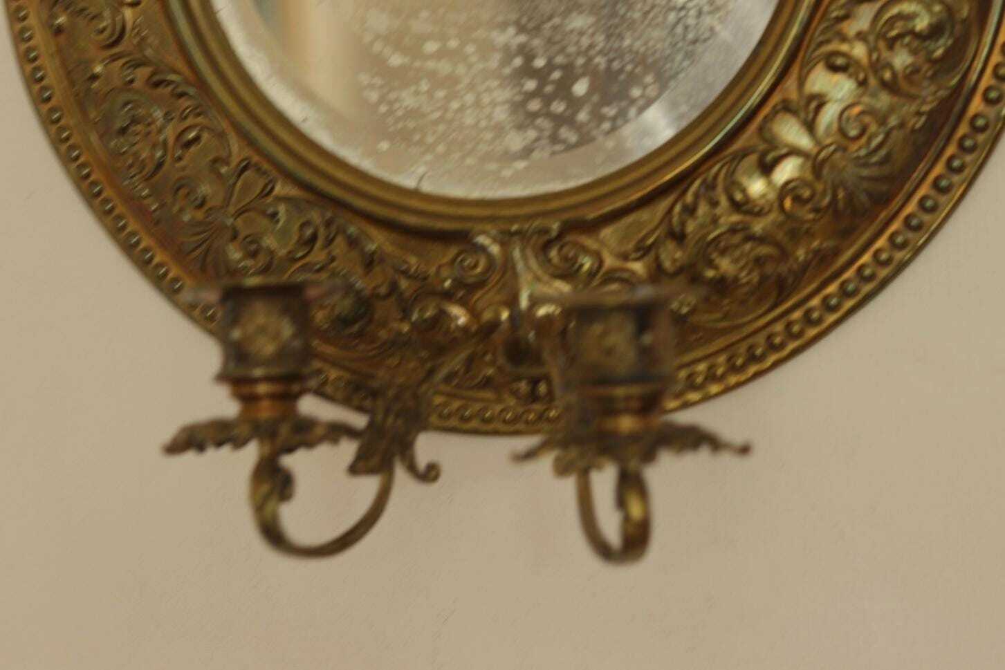 Pair of Swedish Double Arm Mid Century Style Brass Sconces with Mirror