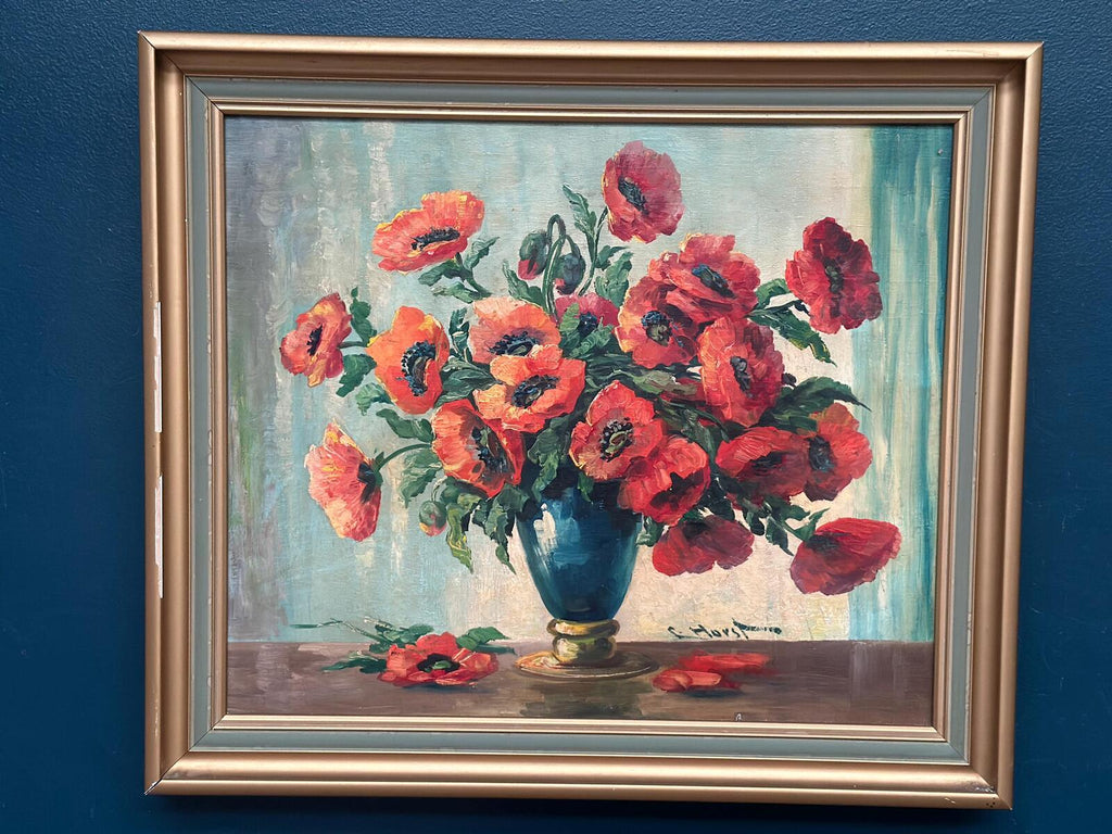 “Red Poppies in Blue Vase” by C. Horst