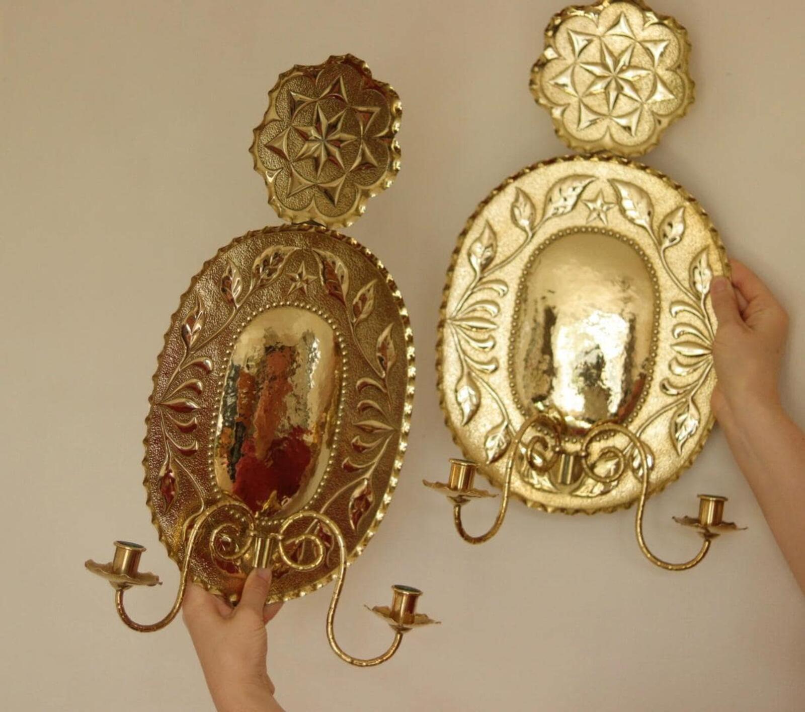 1945's Pair Of Mid Century Swedish Brass Sconces Double Arm