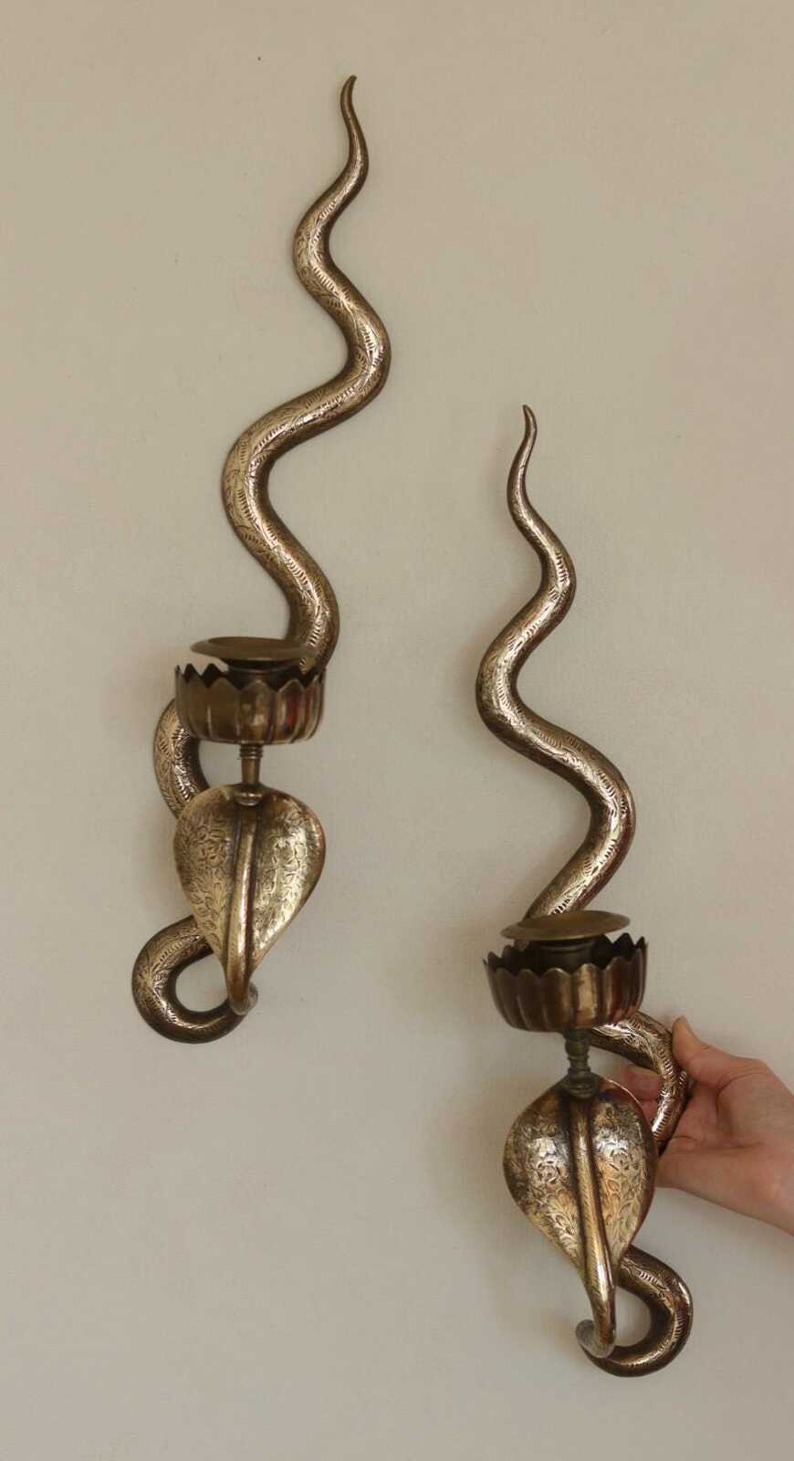 Pair of Egyptian Revival Style Engraved Brass Cobra Sconces
