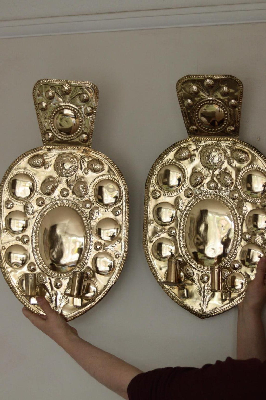 Pair Large baroque Style Mid Century Swedish Brass Sconces