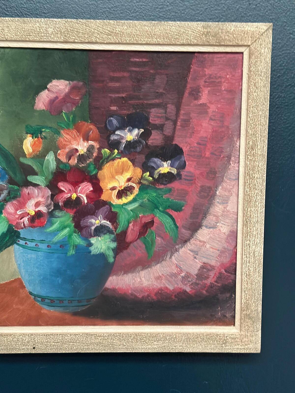 “Pansies in Blue Vase” by G. Stränz