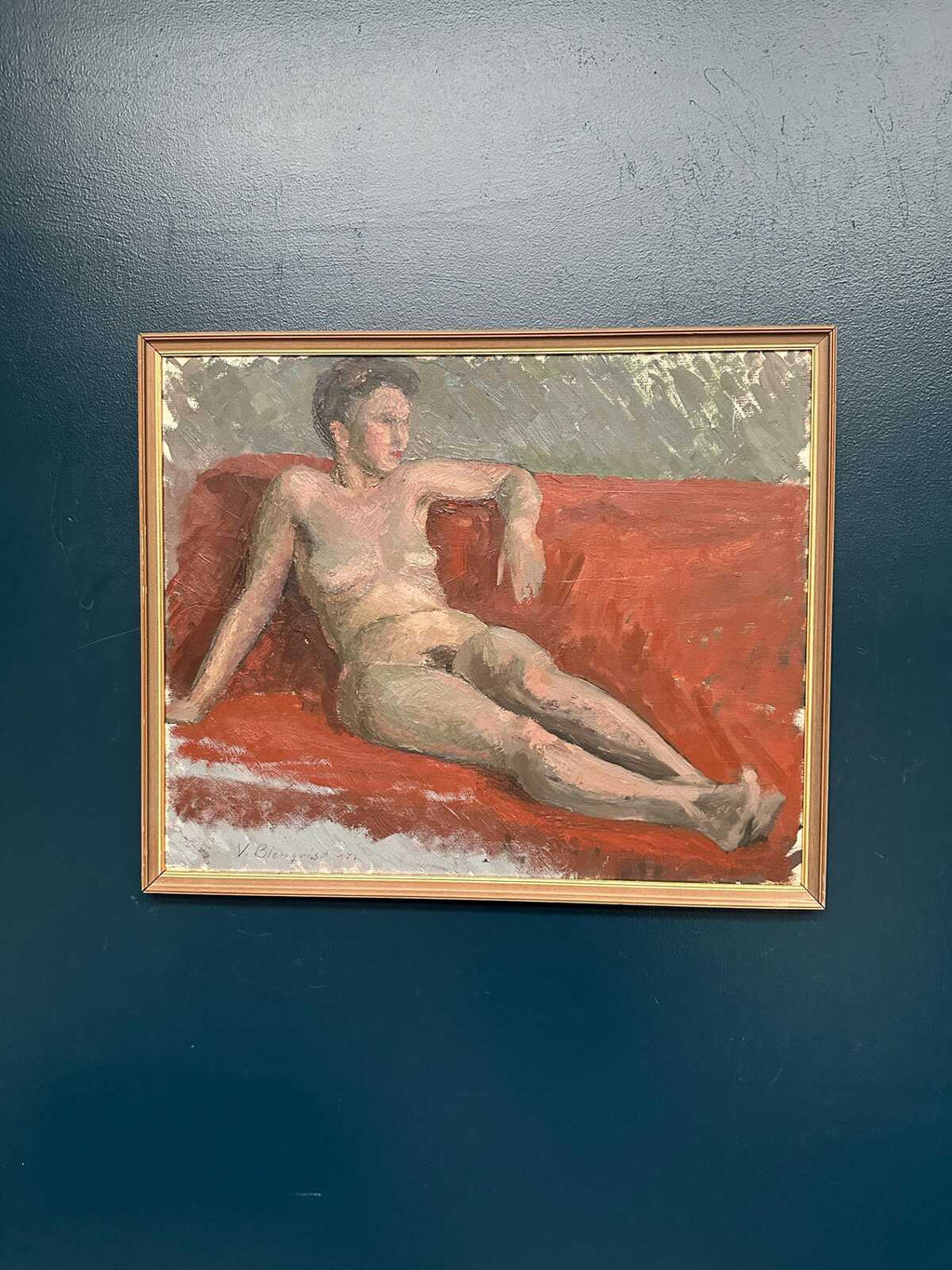 “Reclining Lady on Red Couch” by Vilhelm Blomquist