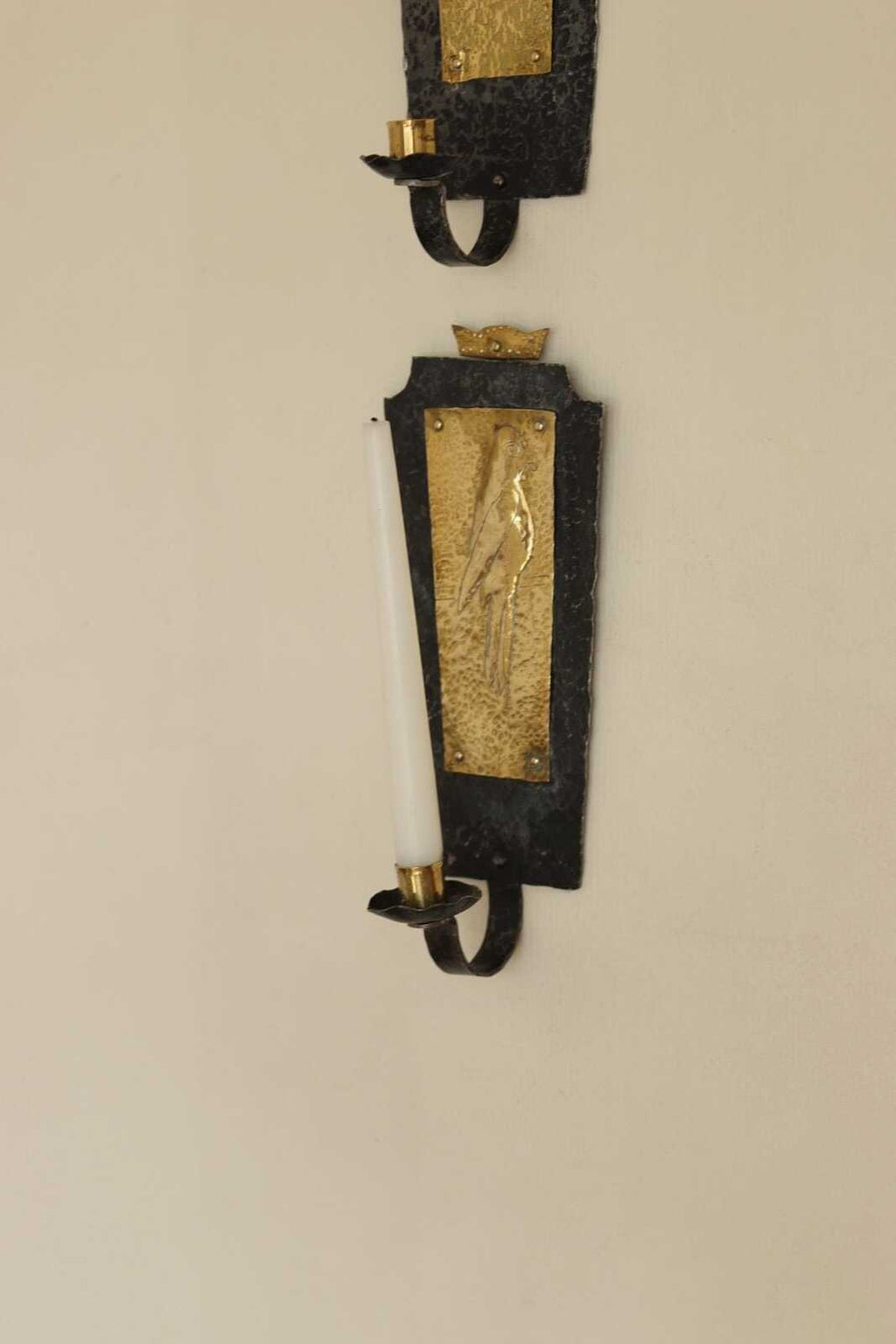 Pair Of Mid Century Swedish Brass and Wrought Iron Sconces with Bird Motifs