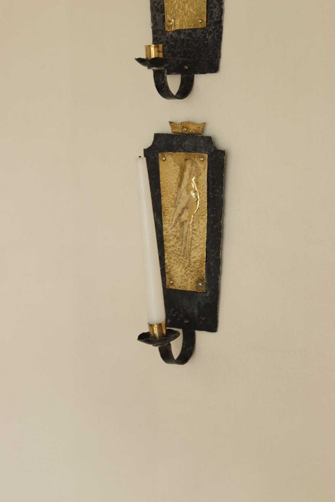 Pair Of Mid Century Swedish Brass and Wrought Iron Sconces with Bird Motifs