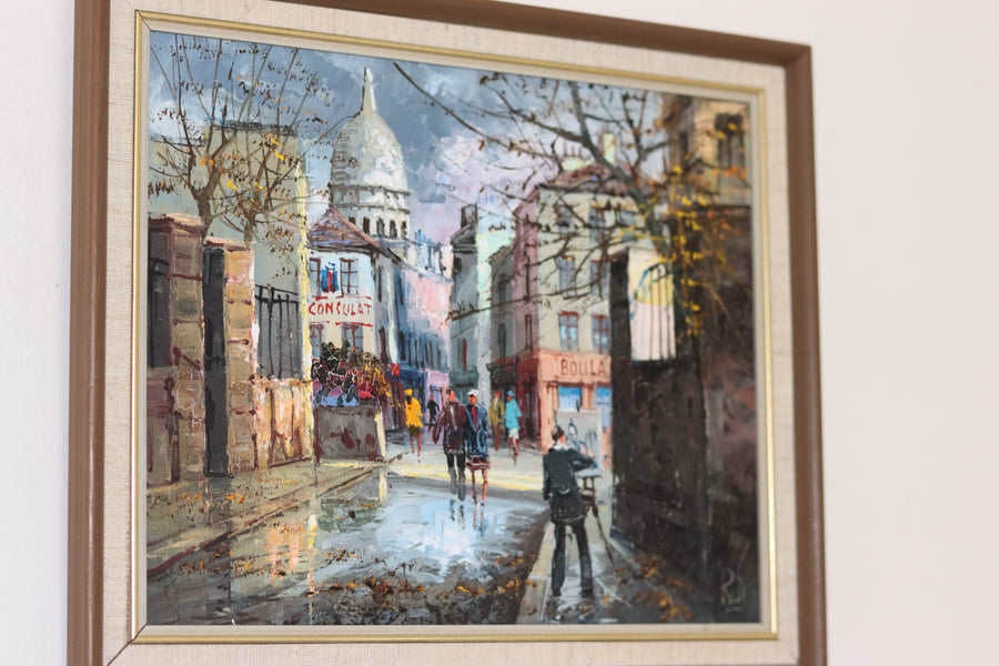 Swedish Modernist Oil on Canvas "View Of City" Vintage & Framed