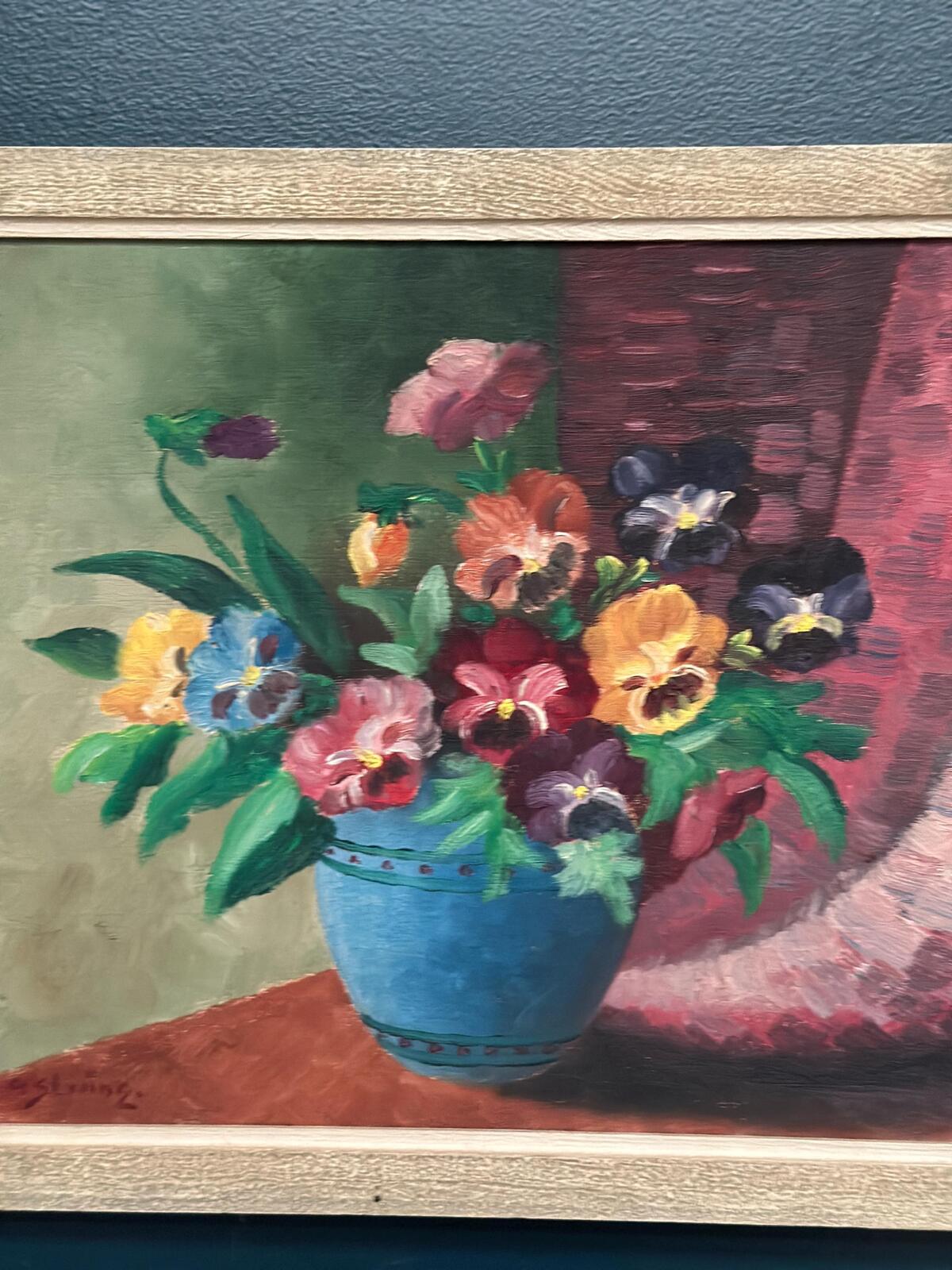“Pansies in Blue Vase” by G. Stränz