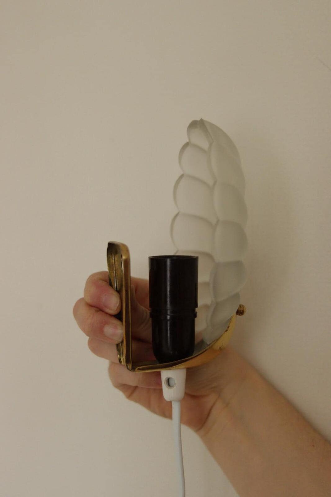 Pair of Art Deco Brass & Glass Shell Wall Lamps – Denmark, 1930s – Rewired, Working, E14