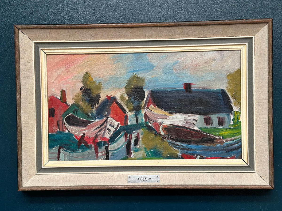 “Boats in Fishing Village” by Louis Zelig (1922–1993)