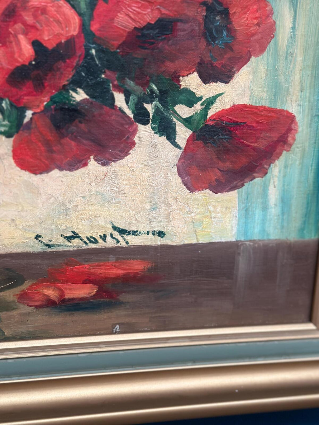 “Red Poppies in Blue Vase” by C. Horst