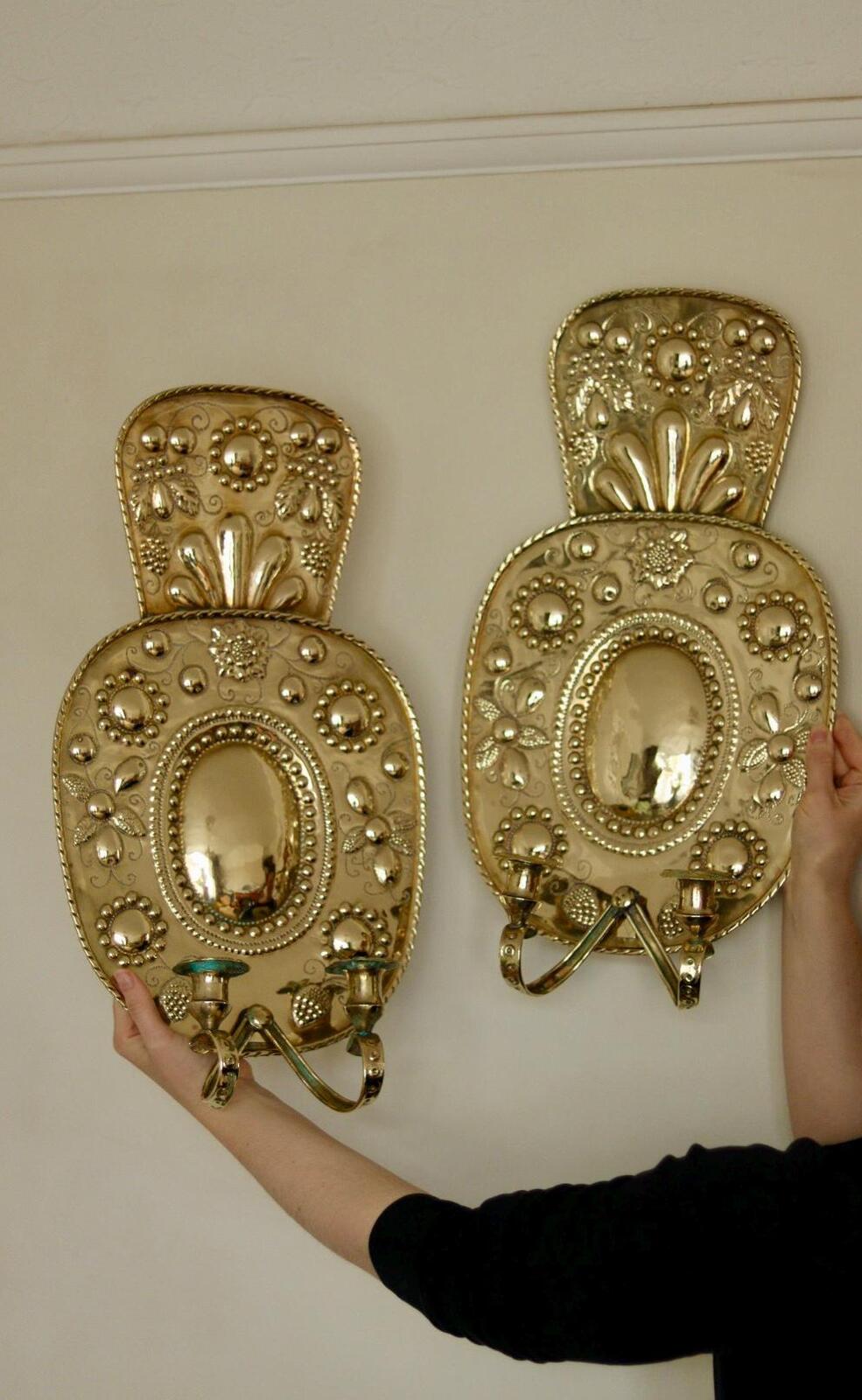 Pair Large baroque Style Mid Century Swedish Brass Sconces