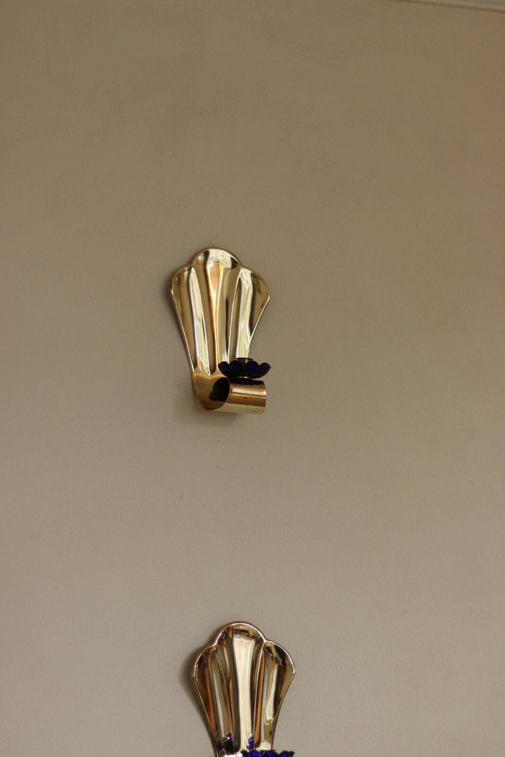 Pair of Vintage Brass Sconces With blue Flower Shape Bobeche (drip tray)