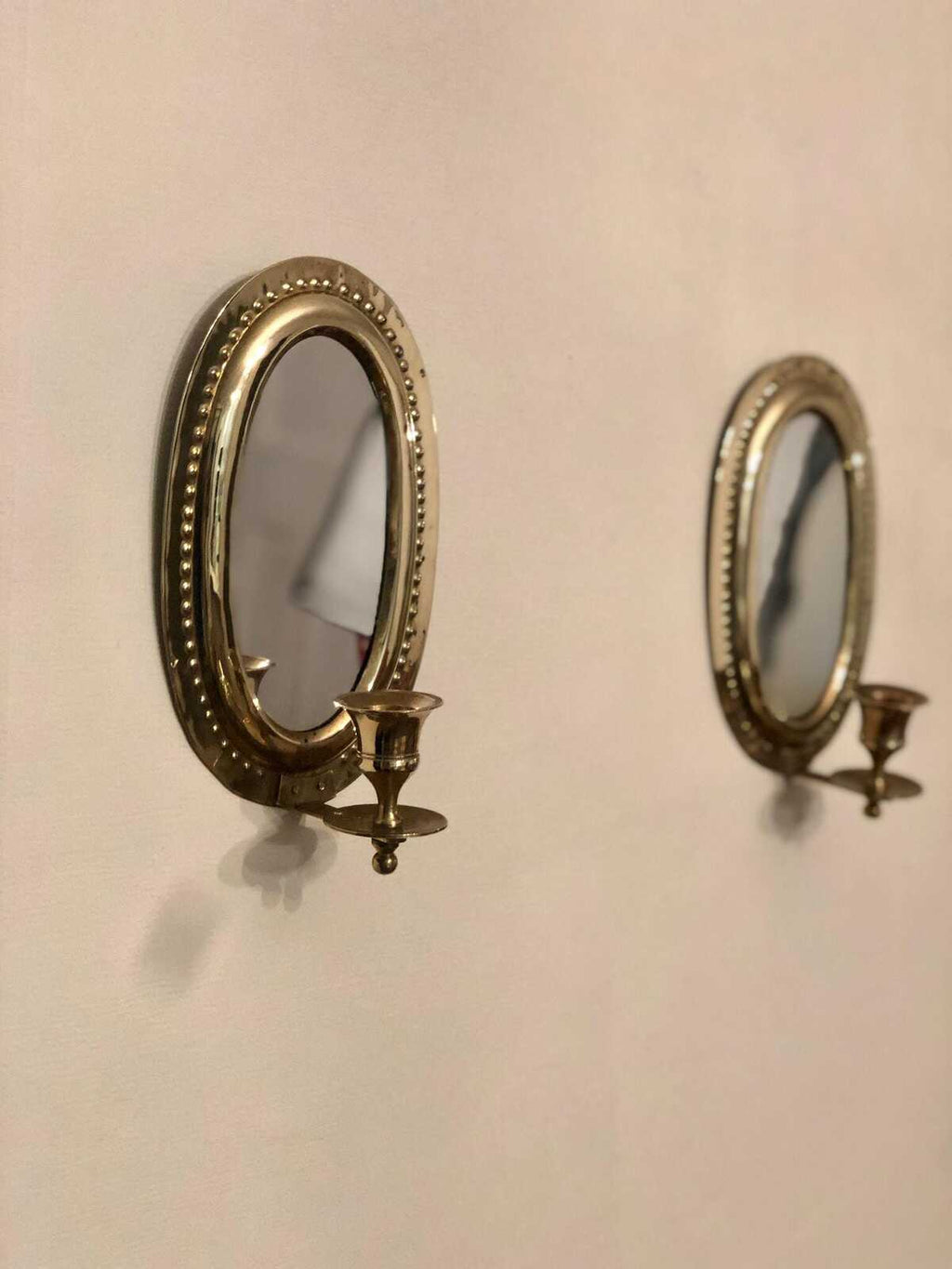 Pair of Mid Century Swedish Brass Sconces with Mirror