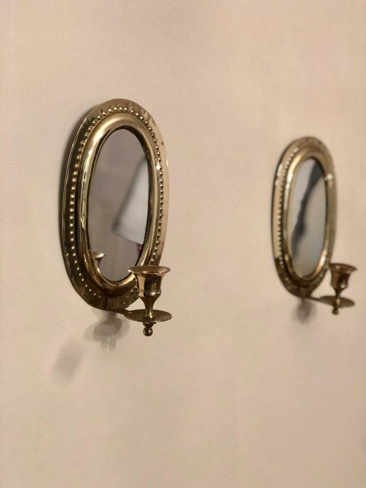 Pair of Mid Century Swedish Brass Sconces with Mirror