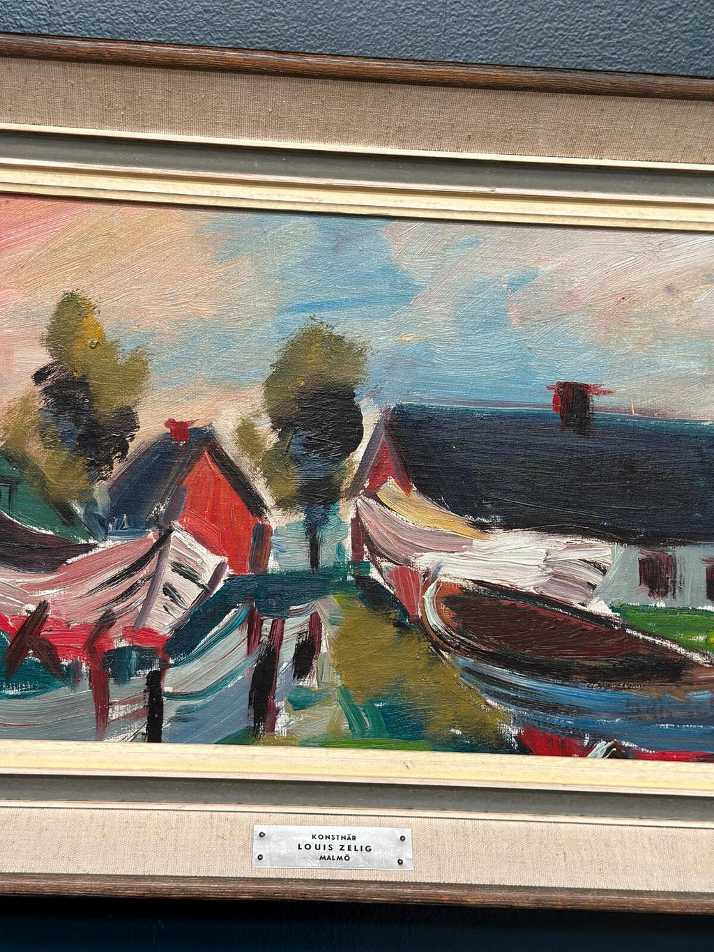 “Boats in Fishing Village” by Louis Zelig (1922–1993)