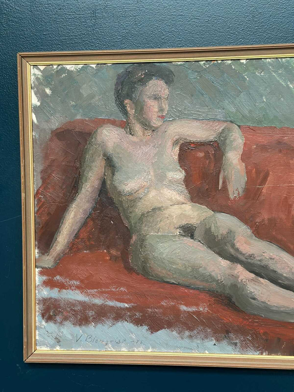 “Reclining Lady on Red Couch” by Vilhelm Blomquist