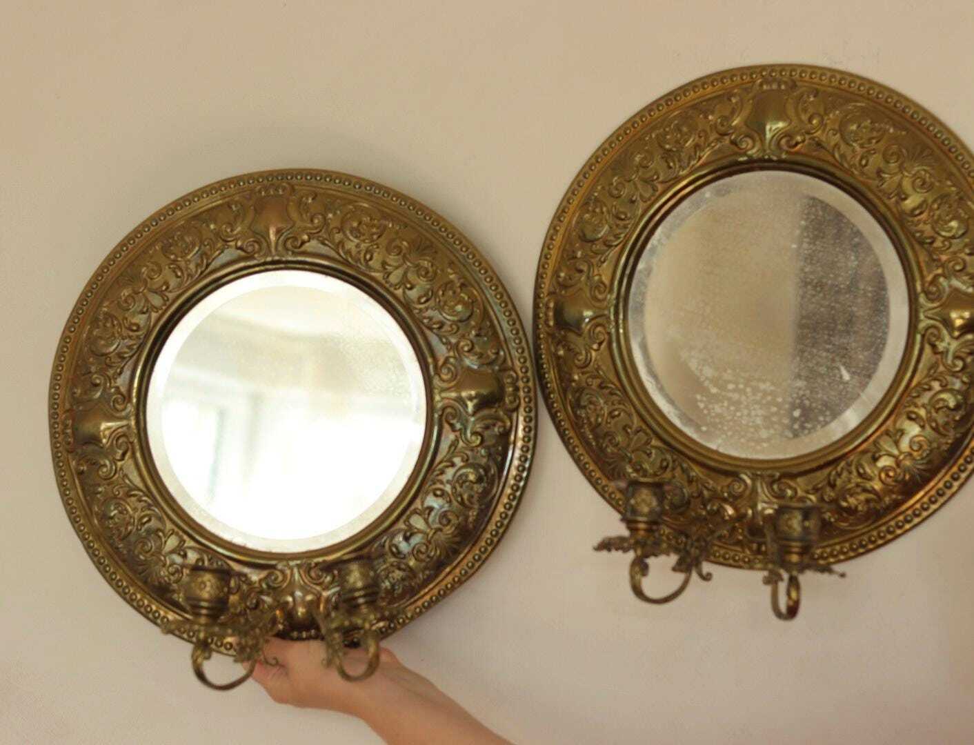Pair of Swedish Double Arm Mid Century Style Brass Sconces with Mirror