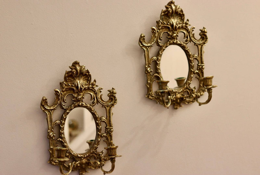 Pair of Antique  Brass Sconces with Mirror
