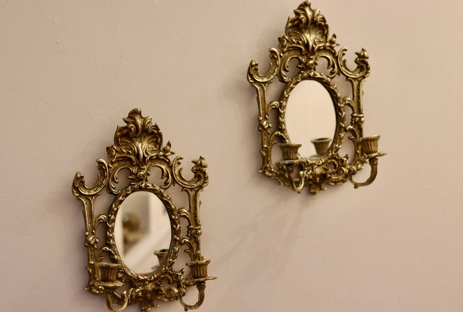 Pair of Antique  Brass Sconces with Mirror