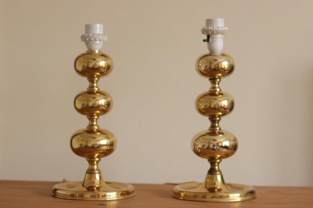 Pair of Swedish Brass Bobbin Table lamp by NAFA Nybro Armaturfabrik AB