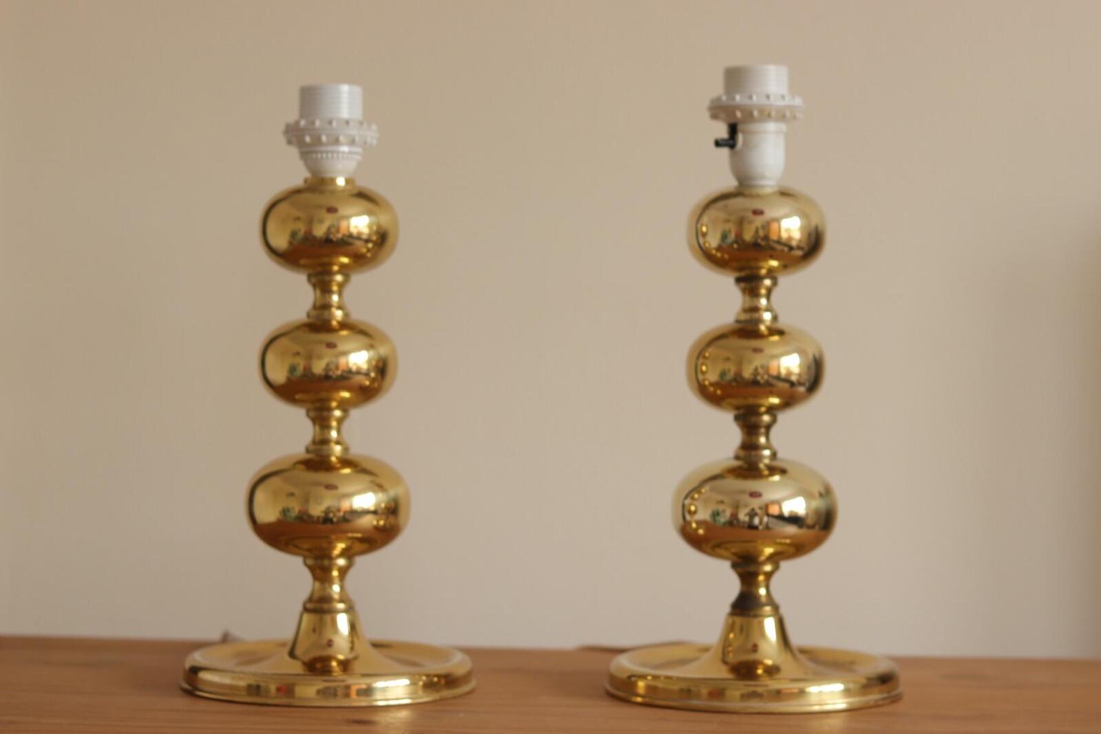 Pair of Swedish Brass Bobbin Table lamp by NAFA Nybro Armaturfabrik AB