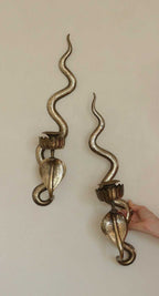 Pair of Egyptian Revival Style Engraved Brass Cobra Sconces