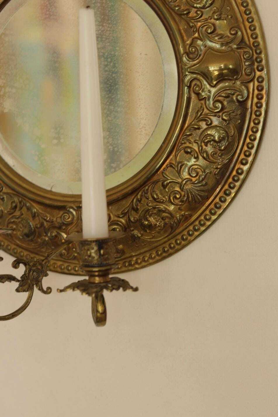 Pair of Swedish Double Arm Mid Century Style Brass Sconces with Mirror