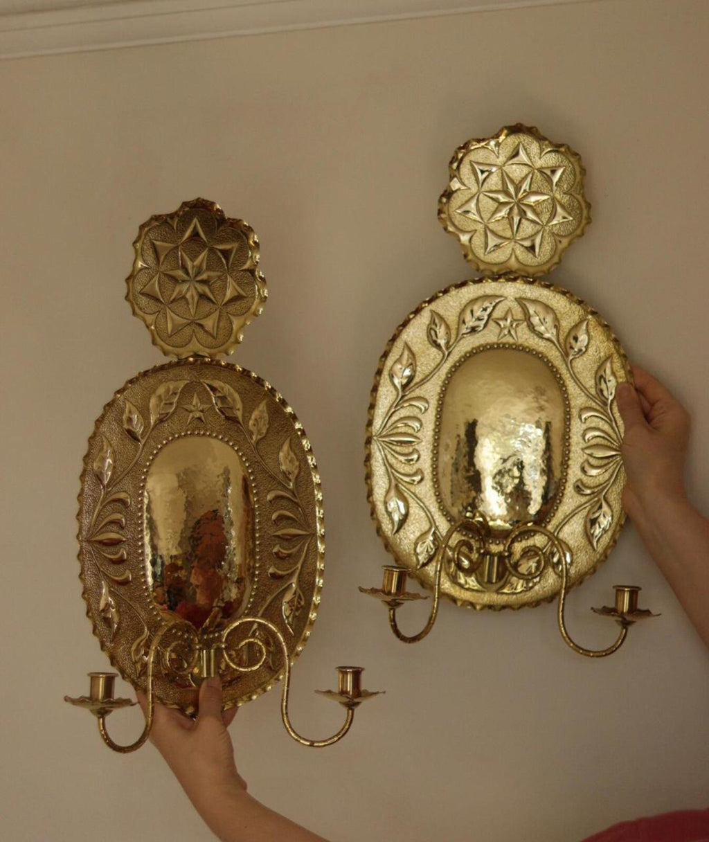 1945's Pair Of Mid Century Swedish Brass Sconces Double Arm
