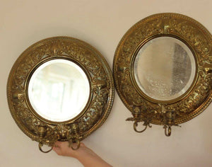 Pair of Swedish Double Arm Mid Century Style Brass Sconces with Mirror