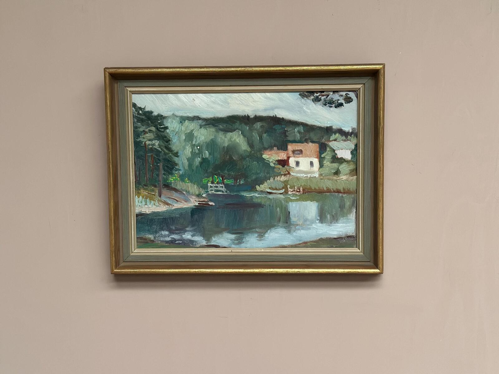 “Lake with Houses” by G. Arner