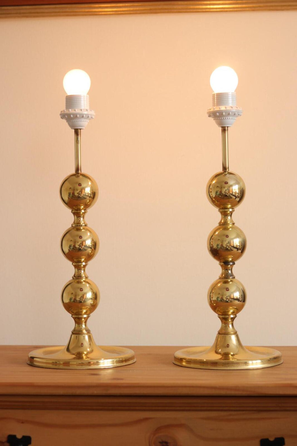 1970's Pair of Brass Bobbin Table lamps