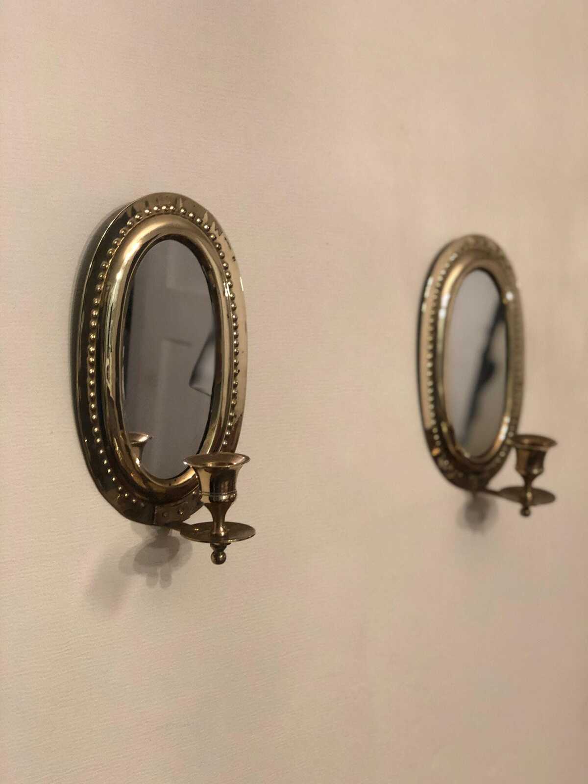Pair of Mid Century Swedish Brass Sconces with Mirror
