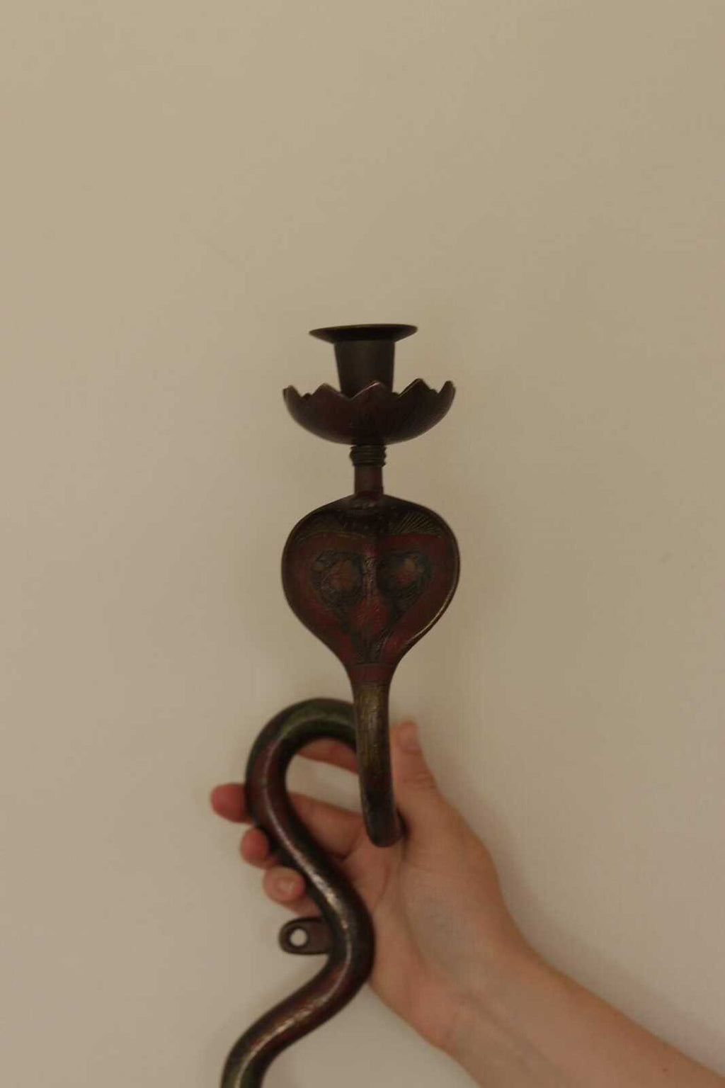 Pair of Egyptian Revival Style Engraved Brass Enameled Cobra Sconces