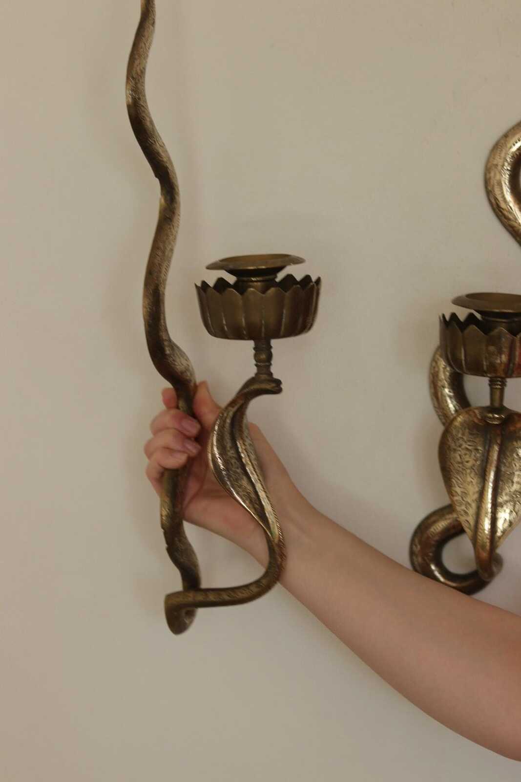 Pair of Egyptian Revival Style Engraved Brass Cobra Sconces