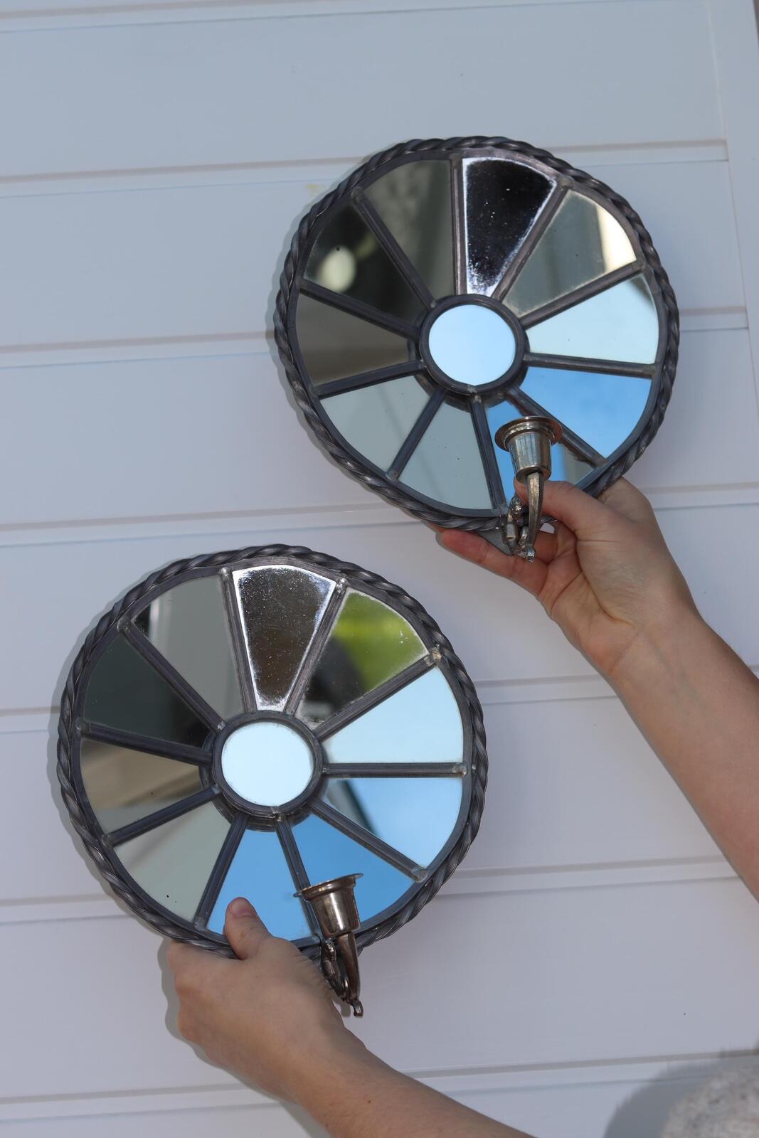 Pair of Vintage Sun Mirror Sconces in Pewter by Klöva Hallar