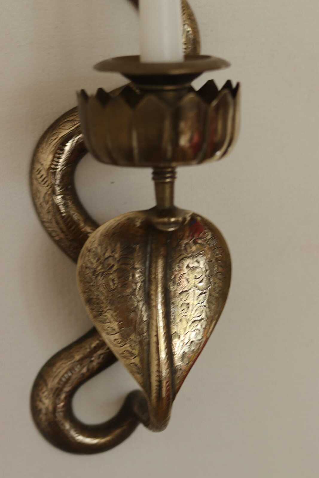 Pair of Egyptian Revival Style Engraved Brass Cobra Sconces