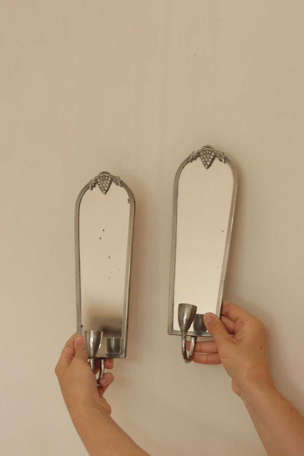 Pair of Mid Century Swedish Pewter Sconces with Mirror