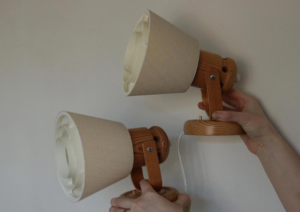 Pair of Vintage Wall Lamps by Solbackens Svarveri, Sweden, 1970s - Pine Wood