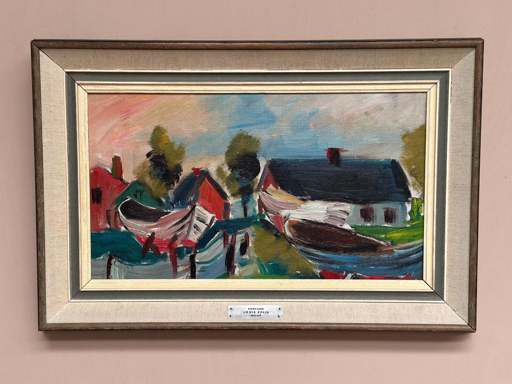 “Boats in Fishing Village” by Louis Zelig (1922–1993)