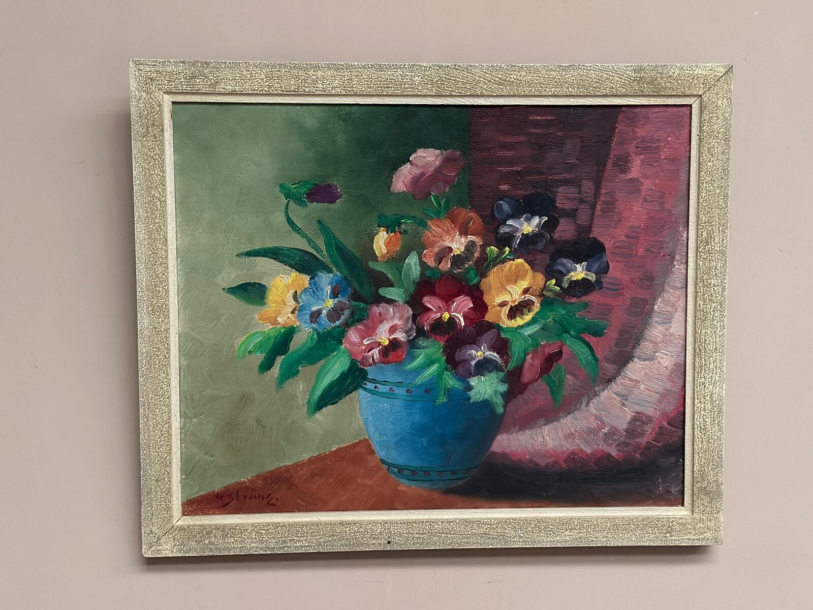 “Pansies in Blue Vase” by G. Stränz