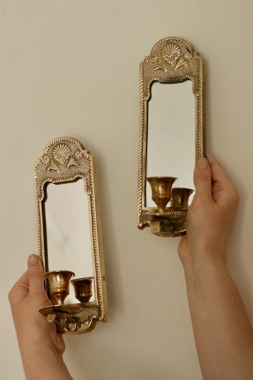Pair of Mid-Century Swedish Brass Sconces with Mirror
