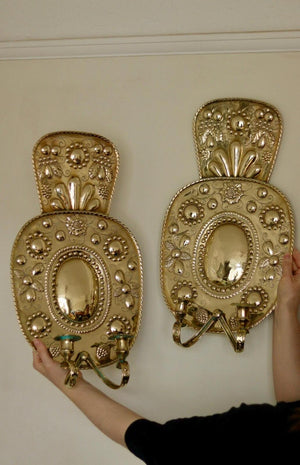 Pair Large baroque Style Mid Century Swedish Brass Sconces