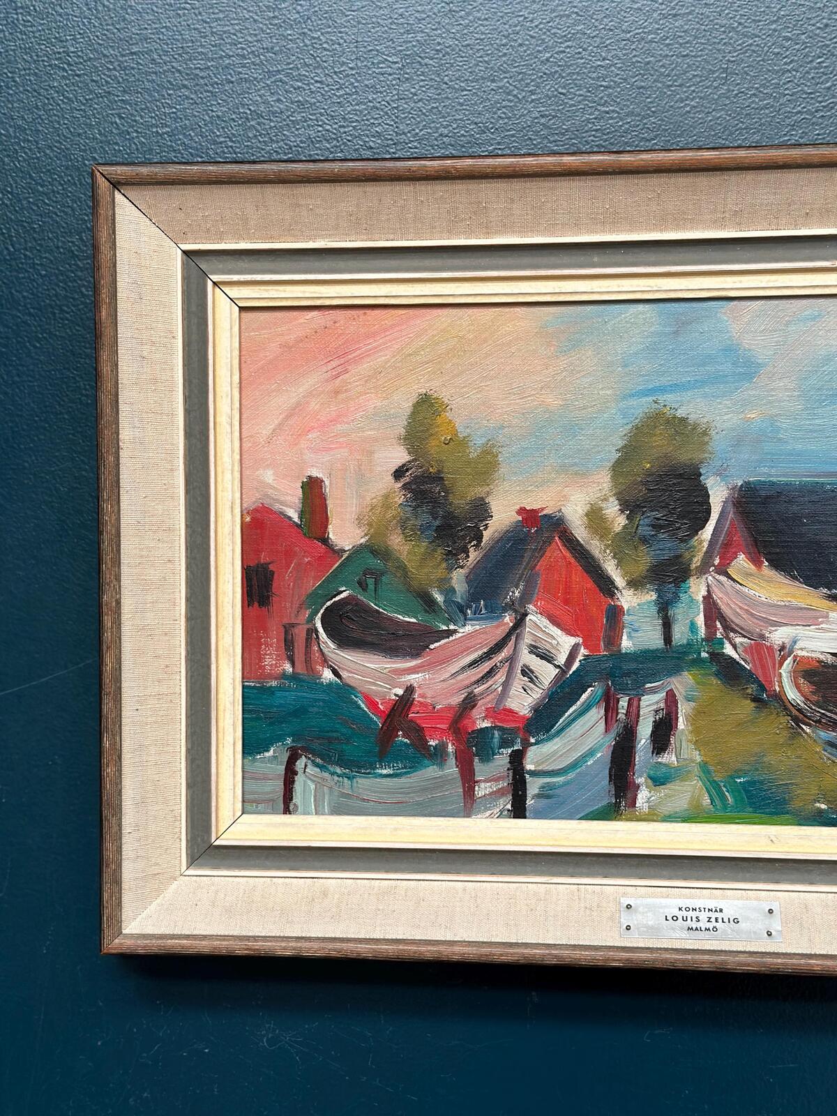 “Boats in Fishing Village” by Louis Zelig (1922–1993)