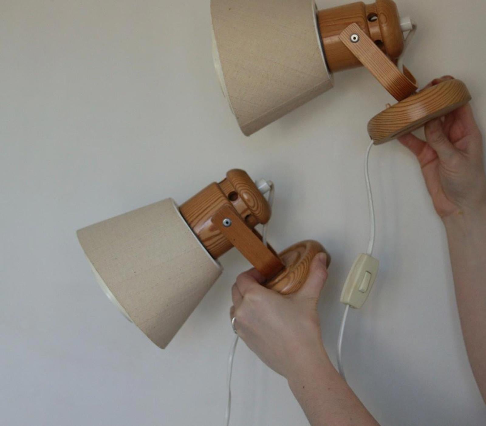 Pair of Vintage Wall Lamps by Solbackens Svarveri, Sweden, 1970s - Pine Wood