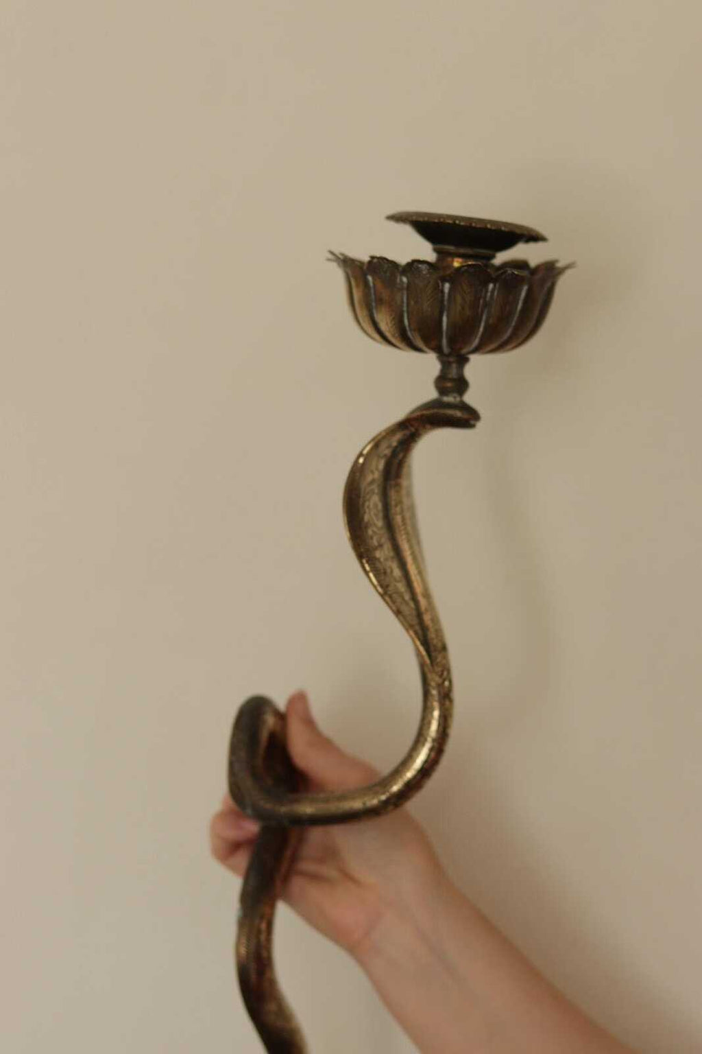 Pair of Egyptian Revival Style Engraved Brass Cobra Sconces