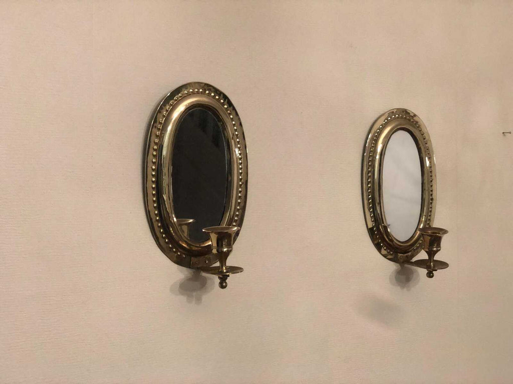 Pair of Mid Century Swedish Brass Sconces with Mirror