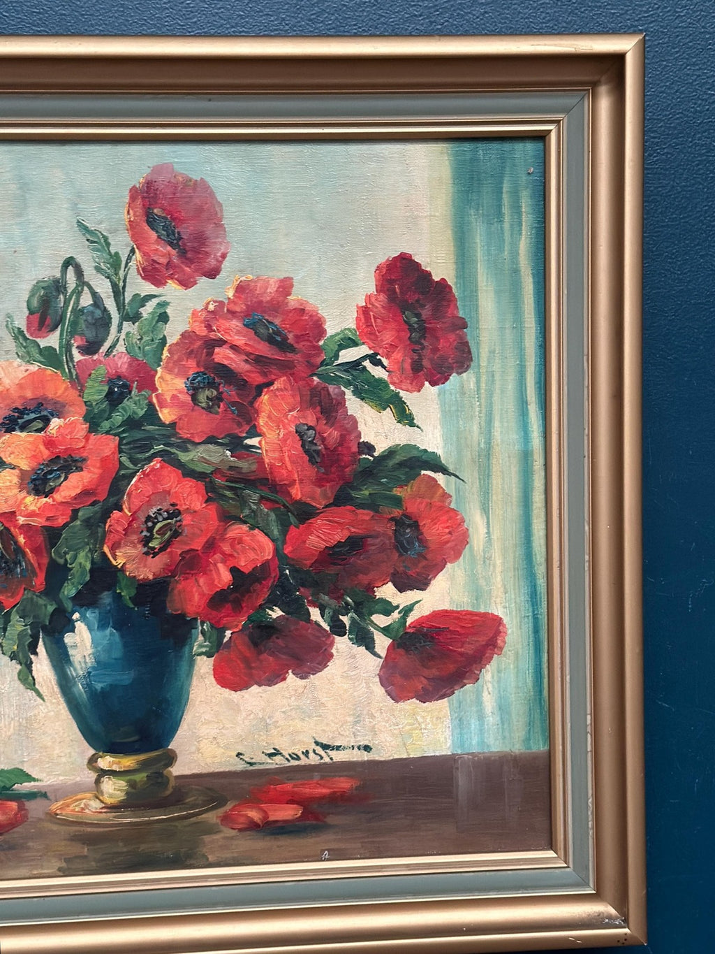 “Red Poppies in Blue Vase” by C. Horst
